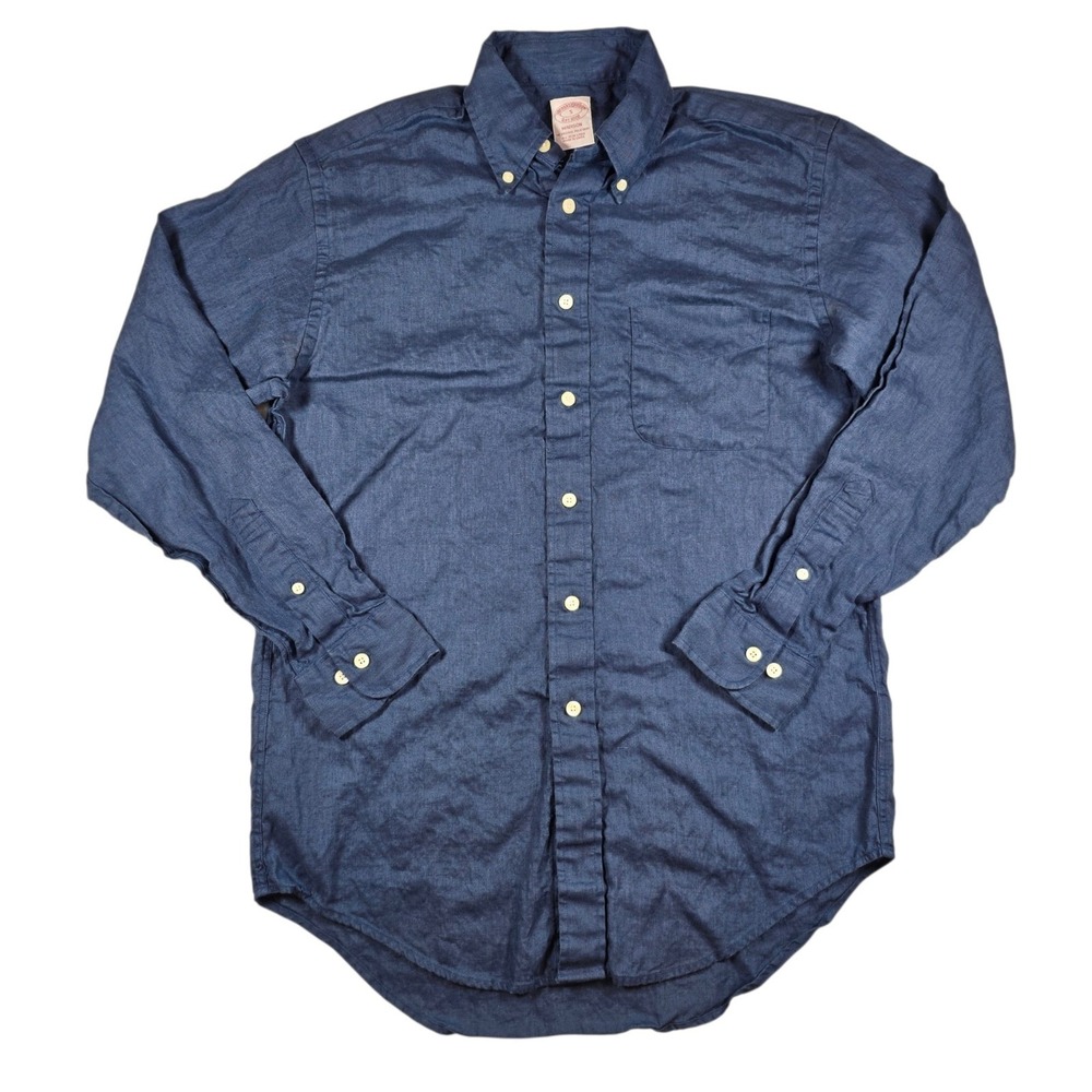 Brooks Brothers 100% Irish Linen Madison Oxford Navy Blue L/S Shirt Mens Size S
